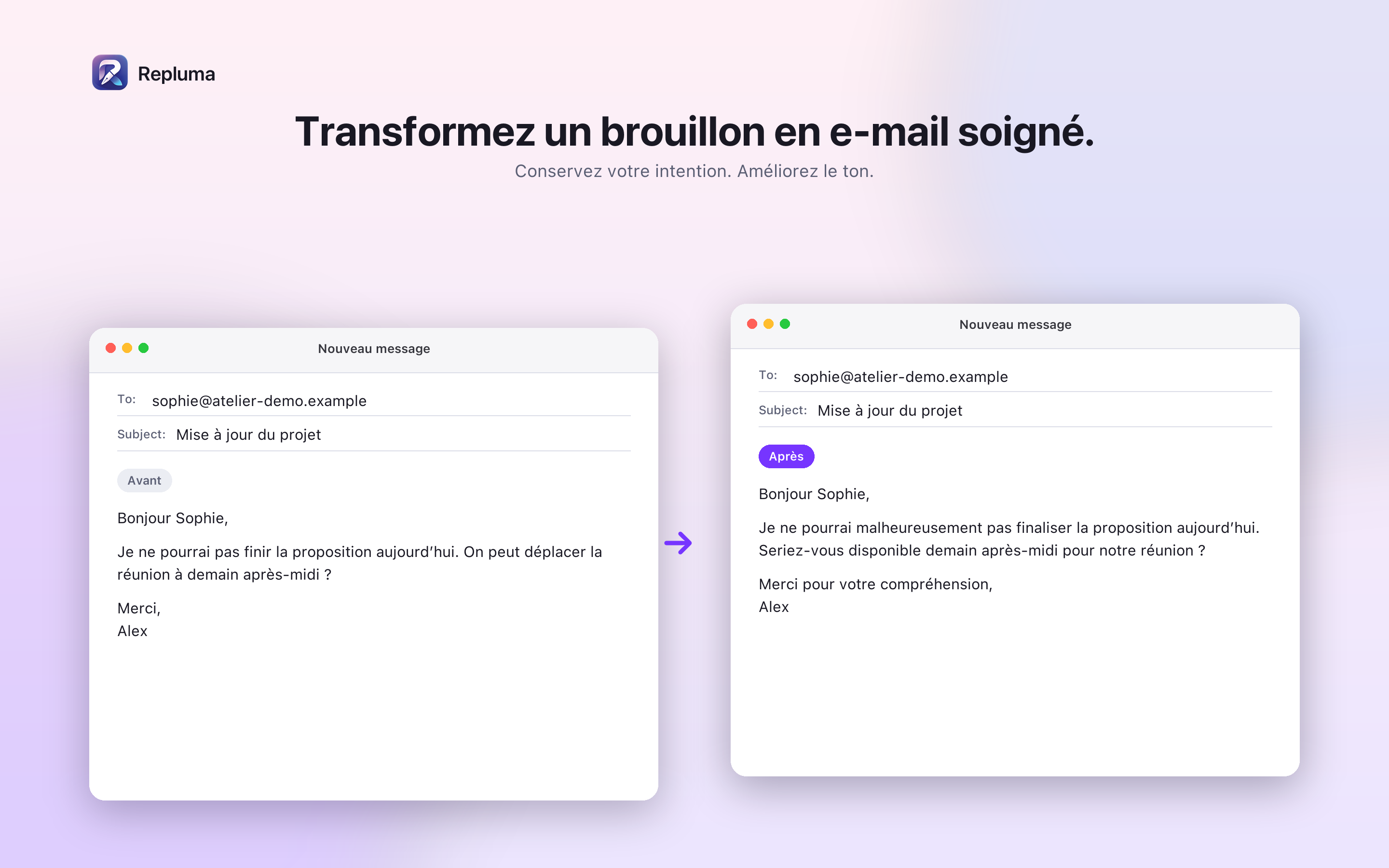 Exemple avant et après d’un e-mail amélioré avec Repluma
